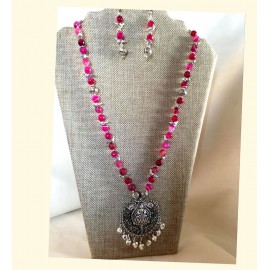 CBHJ29 Pink glass beads with oxidized buddha pendant