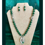 CBHJ9 Green beads with silver leaf pendant