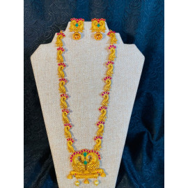 TJA8G Peacock pendant haaram with red and green st..